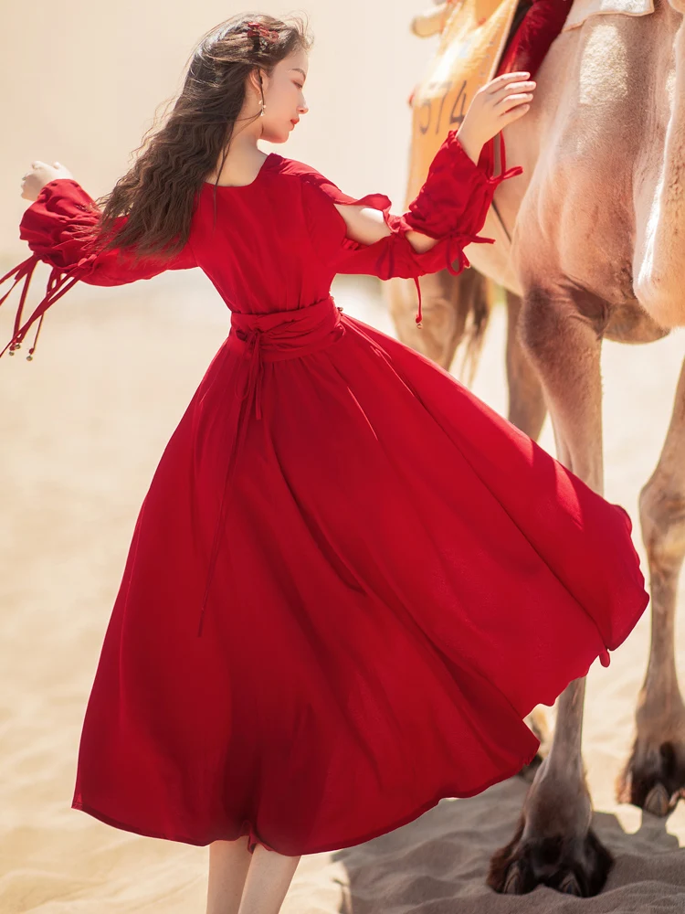 Khalee Yose-vestido rojo Vintage elegante para mujer, maxivestido con cuello en V, manga larga, estilo chino, bohemio, con volantes, para vacaciones y otoño