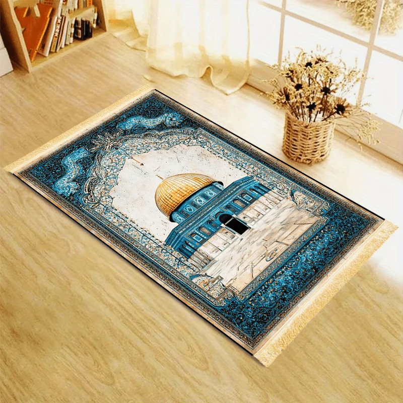 Tapis de prière VIKAMA Dôme du Rocher, motif bleu et or, avec pompons, tapis de culte islamique pour salon
