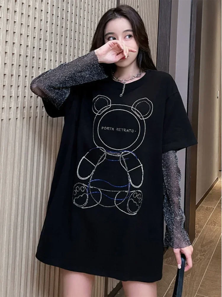 Top for Women 2025 Tee Sequin Woman T-shirt Kawaii Tshirt with Print Black Cute Glitter Loose Rhinestone Clothing Korean Style O