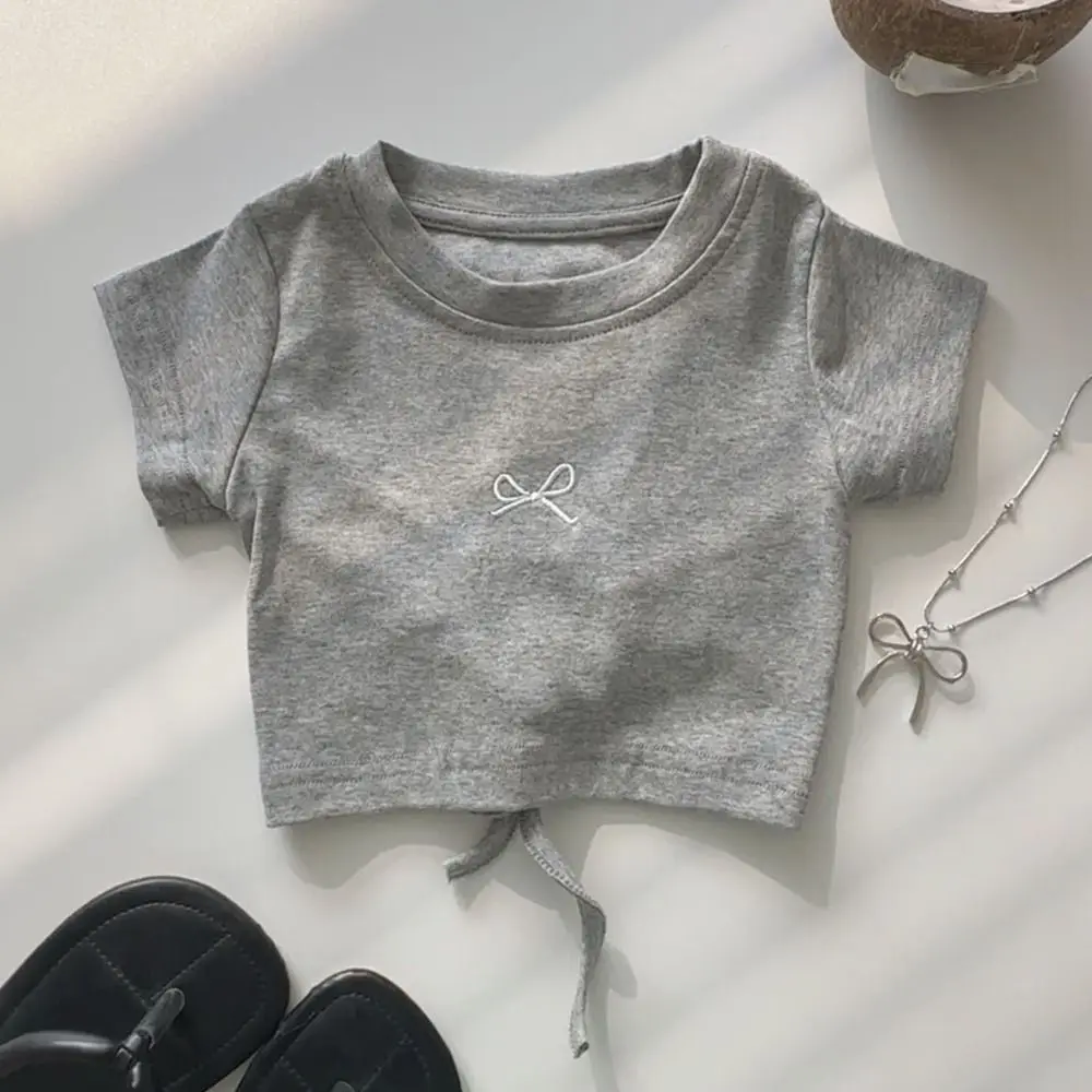 Fashion Lace Up Teens Bow T-shirts Korean Style Summer Slim Crop Top Short Sleeve Sweet Girl's Top Children