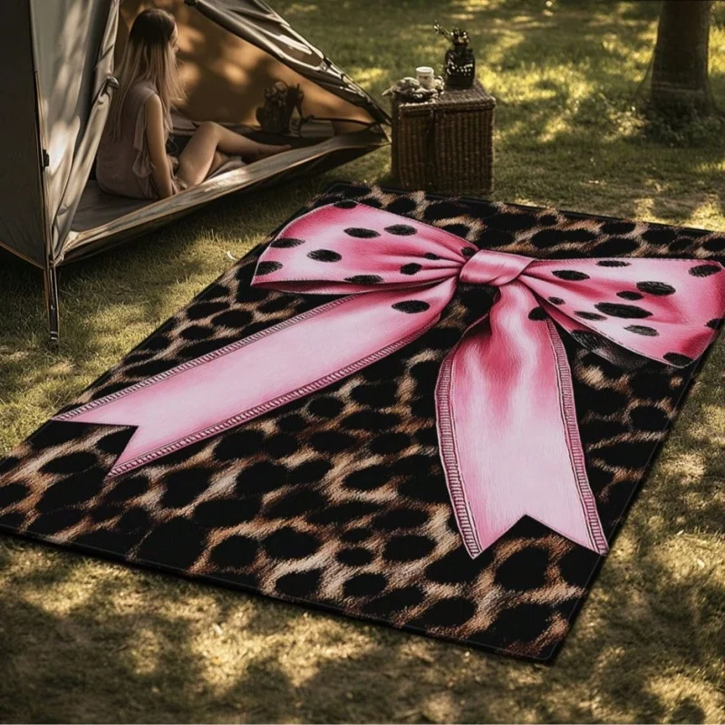 Newest Leopard Print Big Pink Bow Area Rug, Vintage Animal Pattern Large Floor Mat for Outdoor Camping Indoor Room