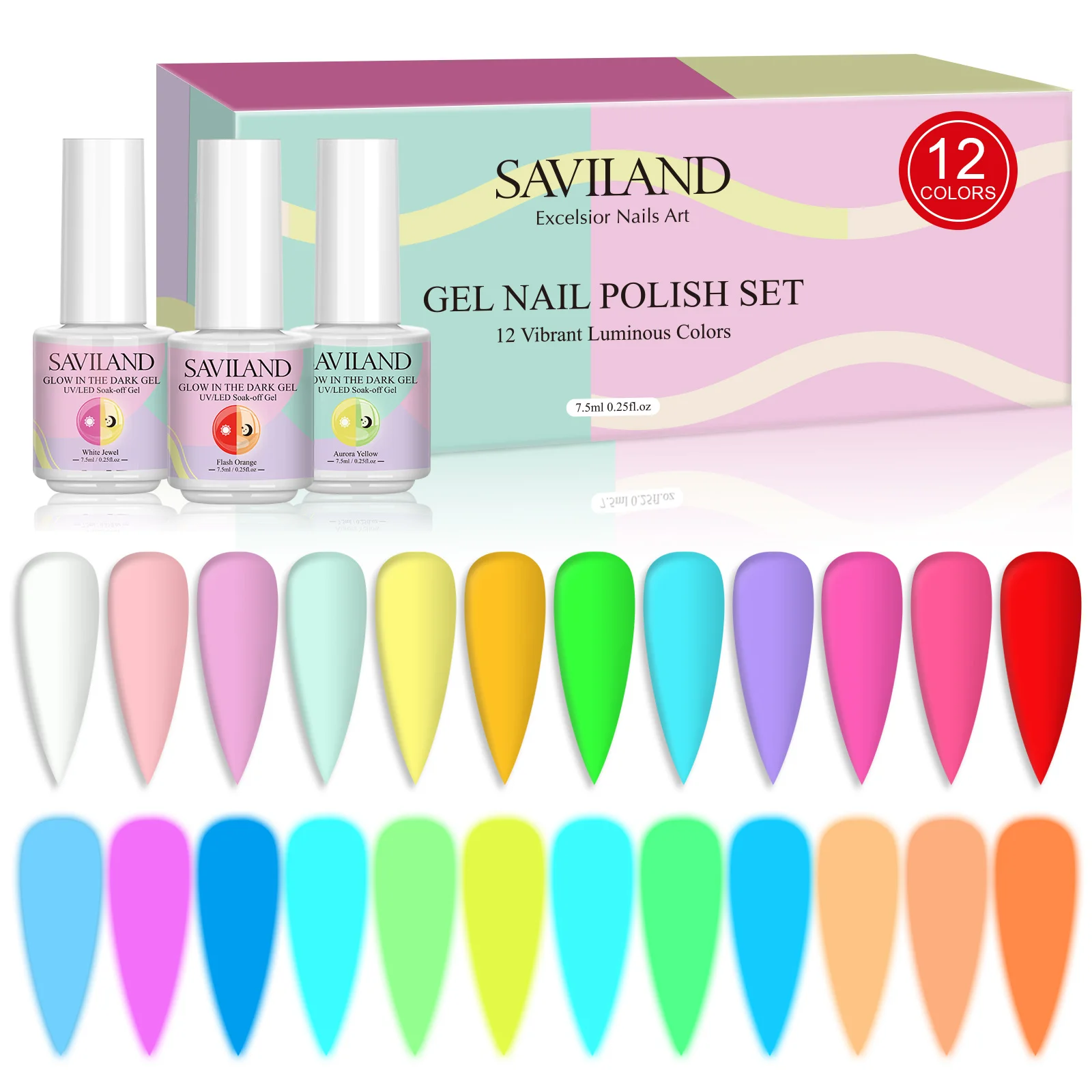 

SAVILAND Glow in Dark Gel Nail Polish Set 12 Colors Neon Halloween Soak Off UV LED Glow Effect Nail Art Design DIY Gift