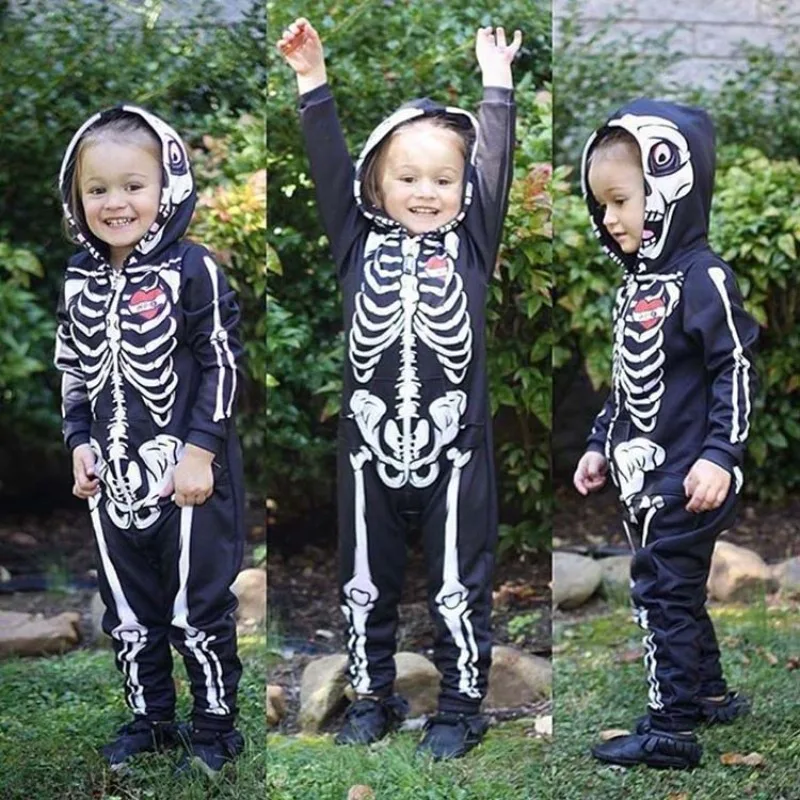 Baby Skeleton Costume Romper Outfit Boys Scary Costume Hoodie Jumpsuit Infant Toddler Purim Halloween Party Horror Fancy Dress