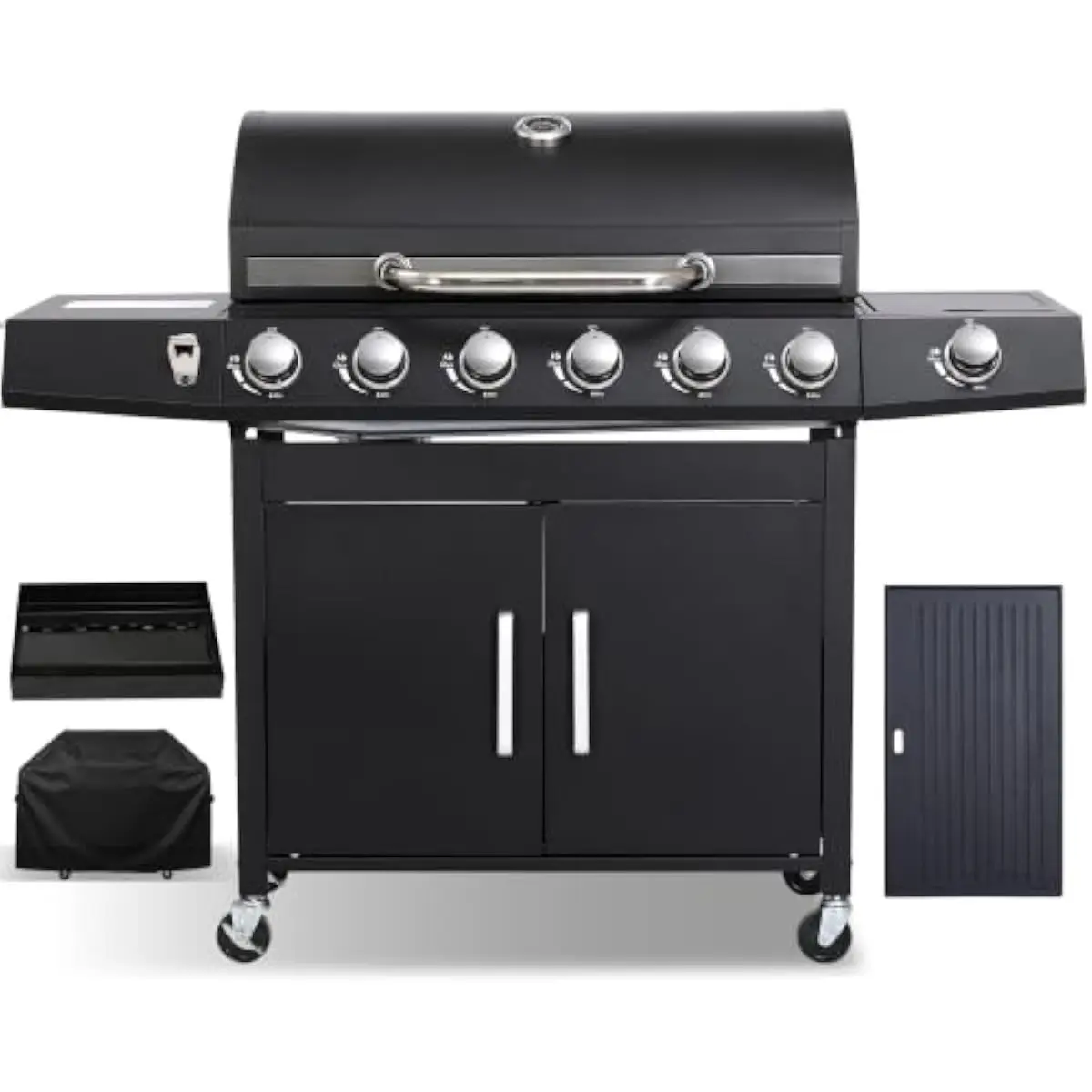 6-Burner High-Output Gas Grill Featuring Reversible Cast Iron Griddle Plate Enameled Charcoal Tray Double-Wall Insulated Lid Wit