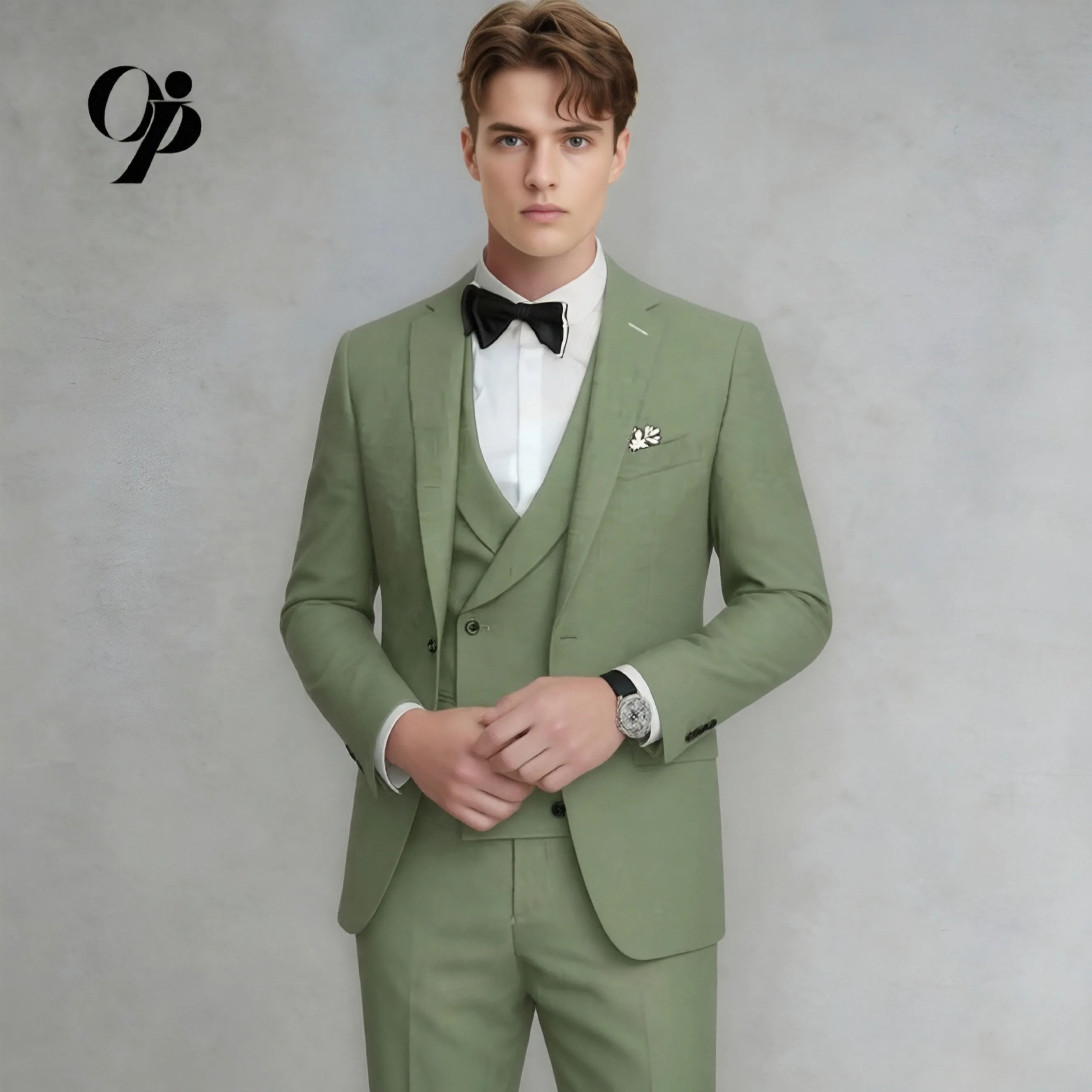 

Opeodly Men's Sage Green 3-Piece Suit Slim Fit Double Breasted Peak Lapel Formal Wedding Groom Jacket Vest Pants for Prom and Pa