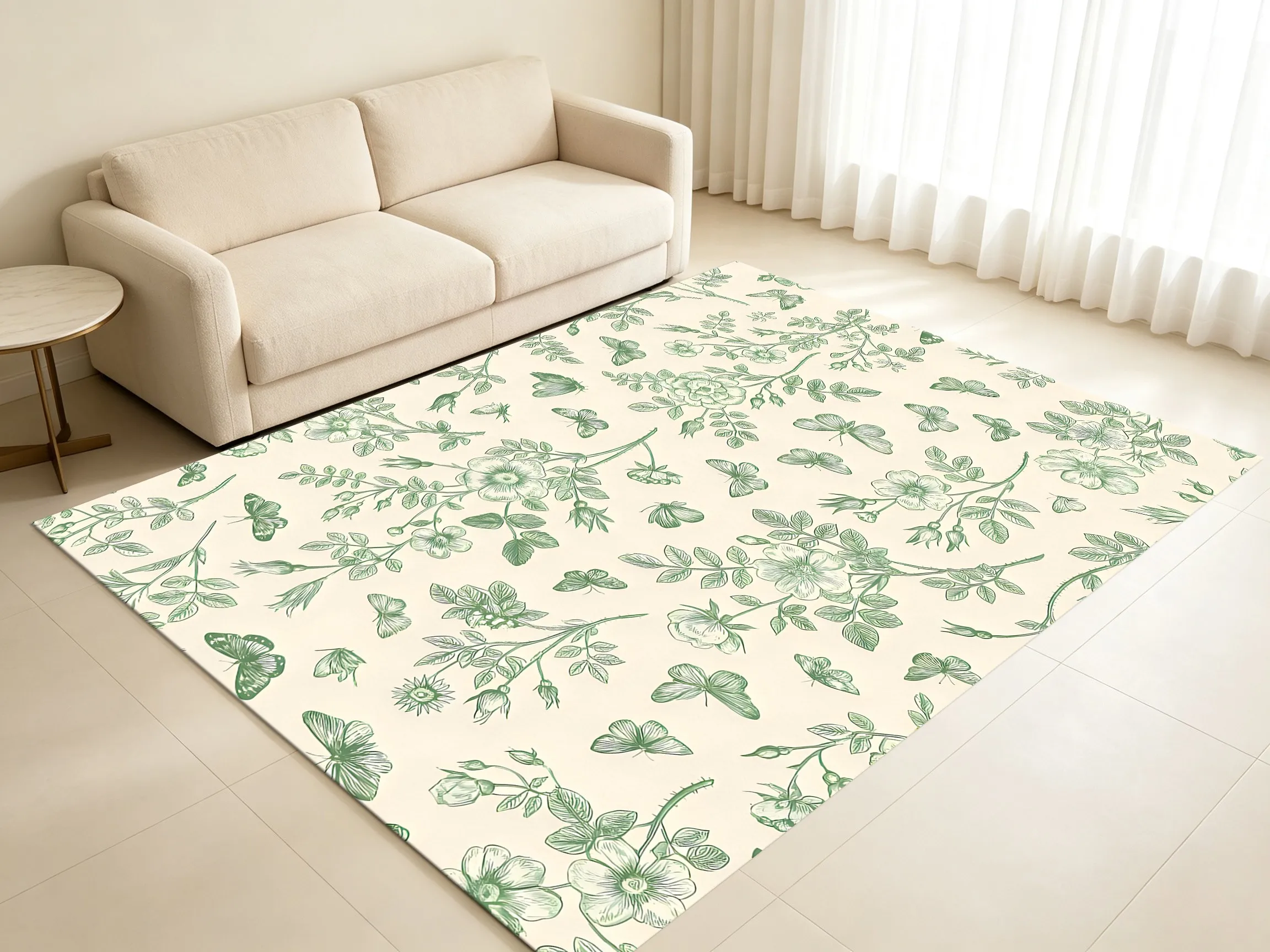 Light Green Hand-Painted Butterfly and Floral French Country Style Velvet Rug, Suitable for Living Room, Bedroom, and Bedside, Creating a Soft, Healing, and Fresh Home Atmosphere