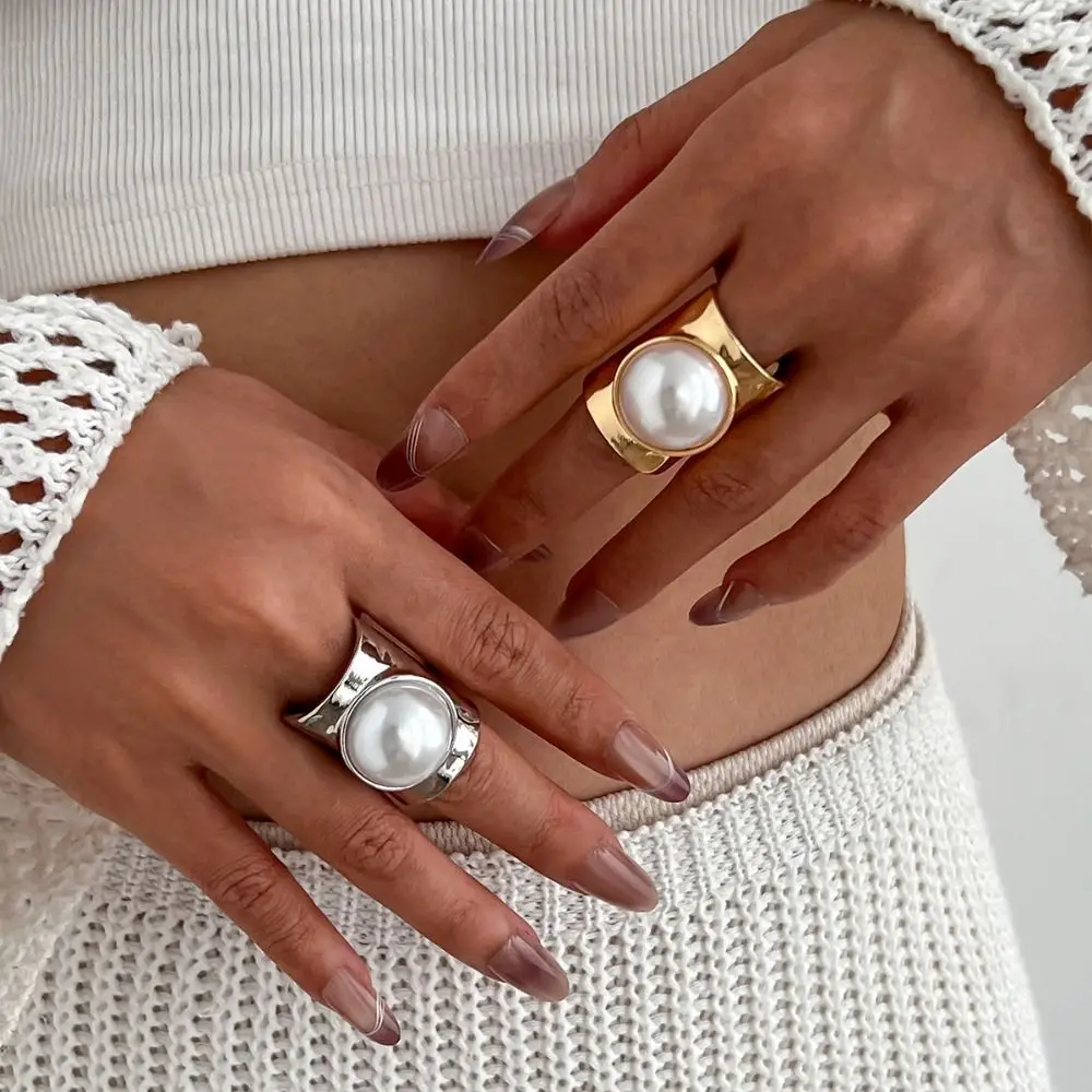 Anillo ancho exagerado de moda, anillo de unión de perlas con incrustaciones Vintage, aleación geométrica, regalo de joyería para mujer