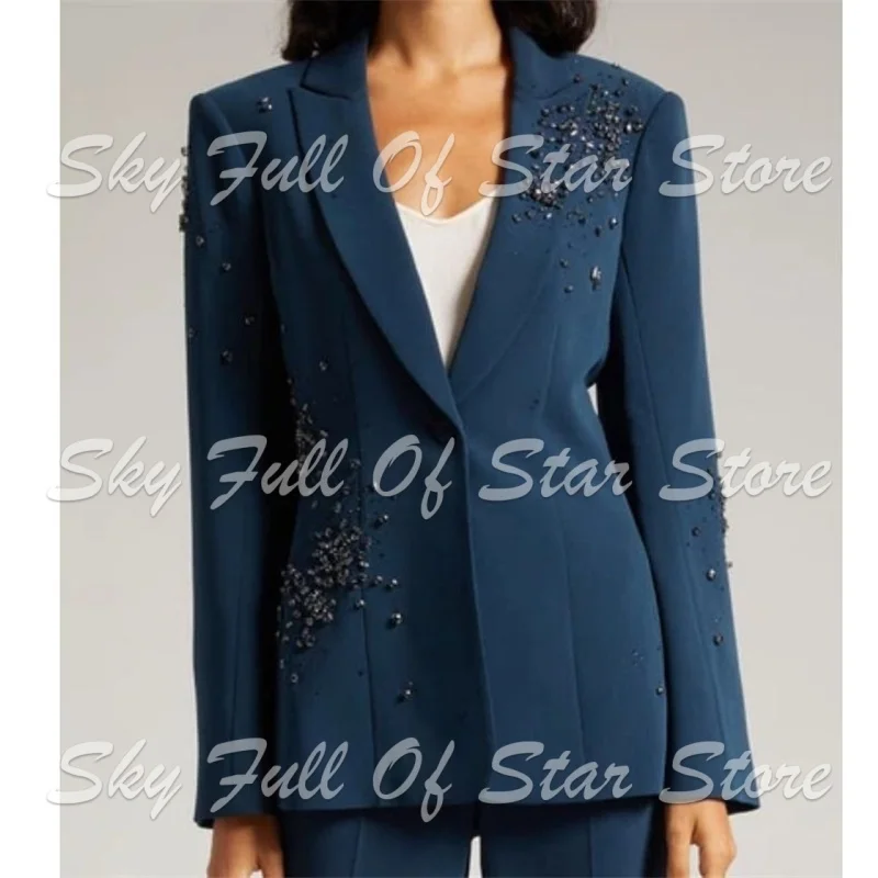 Luxury Scattered Crystal Beaded Navy Women Suit Set 2 Pcs Single Button Blazer Flared Pants Formal Cocktail Office Party Outfit