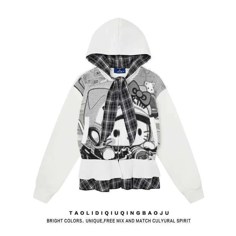 Sanrio Hello Kitty Kawaii Anime mode décontracté imprimé Plaid sweat à capuche Cardigan ample veste ensembles en Promotion pantalon