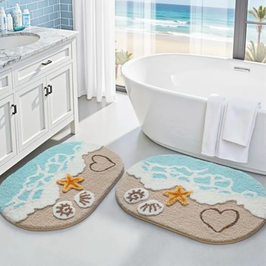 

2 Pcs Beach Bathroom Rugs Set Non Slip Bath Mat Ultra Soft Washable Absorbent Quick Dry Ocean Sea Theme Bath Rug with Starfish