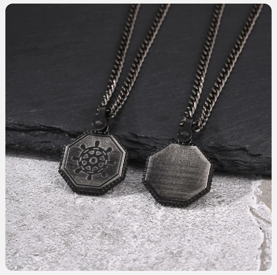 Vnox Retro Achteckiges Schiffsruder Anhänger Halskette für Männer, Edelstahl 60cm Gliederkette Vintage Geometrischer Amulett Schmuck Geschenk – Detail 5