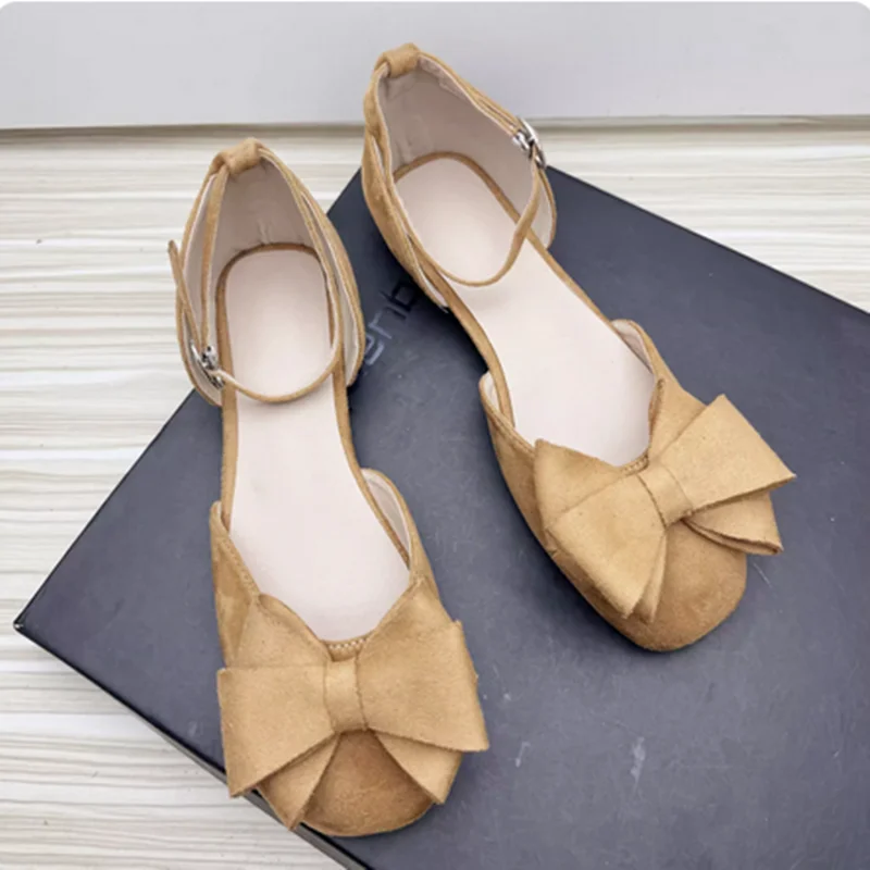 Lady Big Bow Sandals Cover Heels Buckle Strap Flat Shoes Square Toe Wide Fits Dress Comfortable Footwear Green Yellow 33-48 28cm