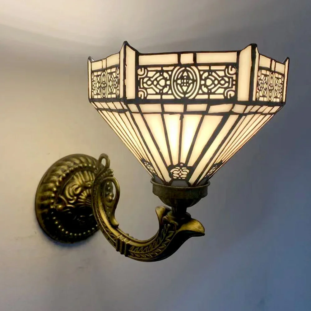 LongHuiJing  LED Wall Lamp Multicolored Dome Stained Glass Lampshade Antique Base Mission Lamps for Hotel Decoration