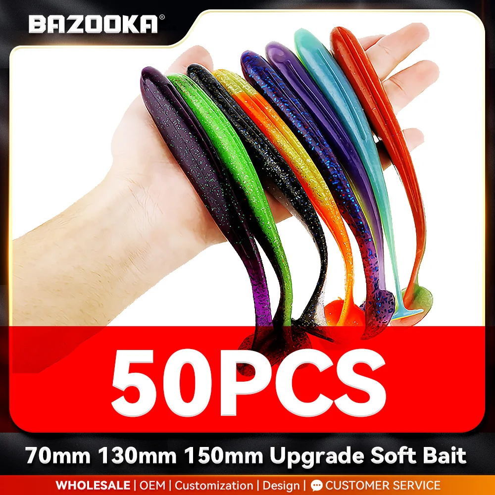 50PCS 70mm 100mm Bazooka Shad Wurm Angeln Locken Weiche Silikon T Schwanz Easy Shiner Köder Wobbler swimbait Pesca Pike Bass Winter