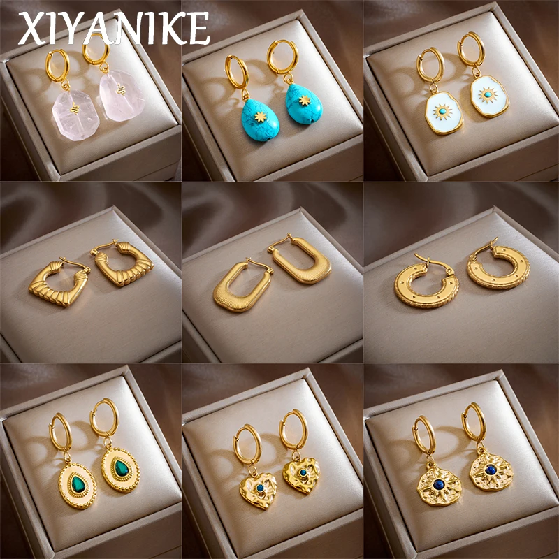 

XIYANIKE 316L Stainless Steel Retro Gold Color U-Shaped Heart Turquoise Earrings For Women 2023 Trending Jewelry Birthday Gifts