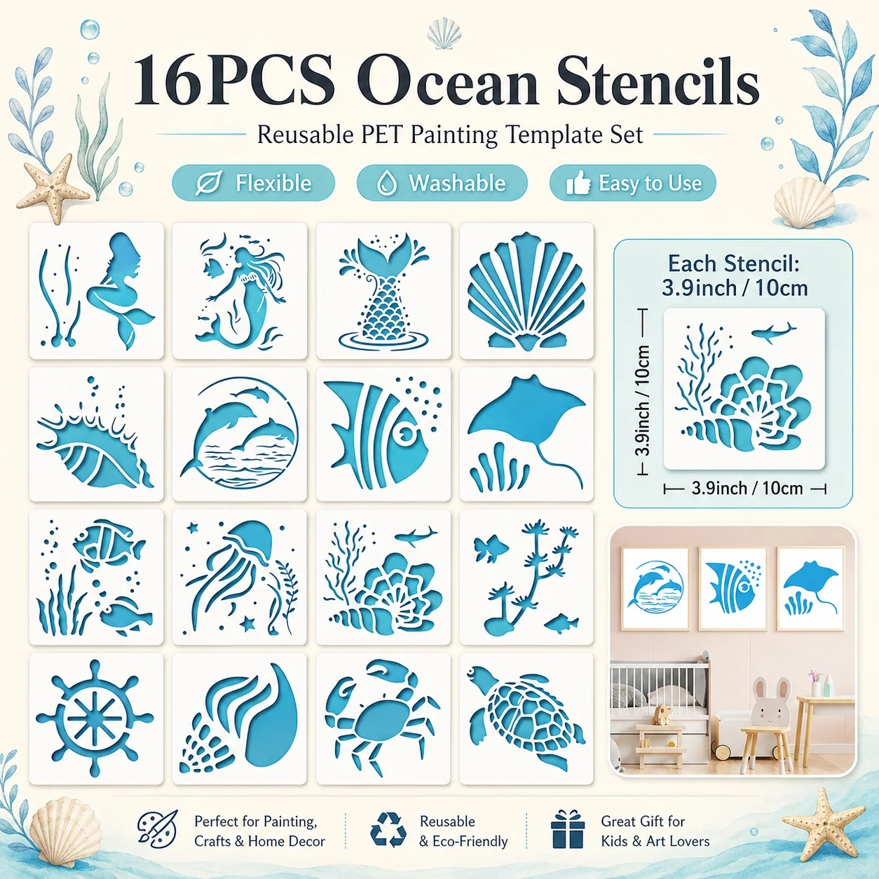 16 Plantillas Reutilizables de Criaturas Marinas para Manualidades, Plantilla de Sirena, Plantilla Artística para Pintar en Madera, Pared, Tela, Roca