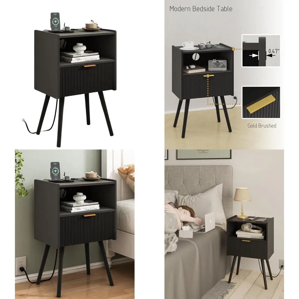 

Contemporary Wood Nightstand with Outlet, Storage Drawer, and Shelf for Compact Spaces