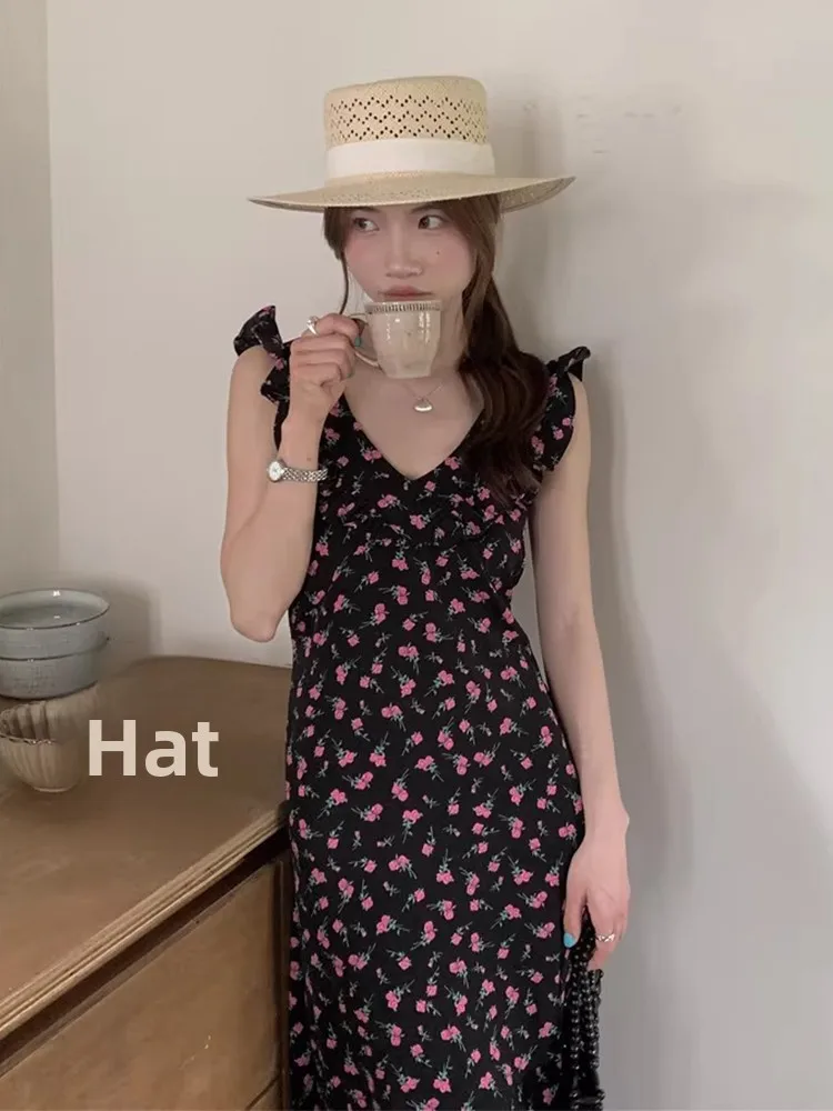 Romantic Summer Floral Print Dr Women's High Waist V-Ne Two-Way Tie Waist Slimming Fly Sve Long Dr Commute Sle