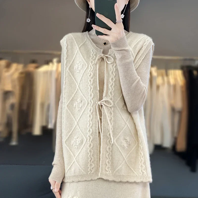 

Женский пиджак на бретелях осень-зима, новый стиль, 100% мериносовая шерсть, свитер с круглым вырезом, модная и теплая базовая рубашка, блузка