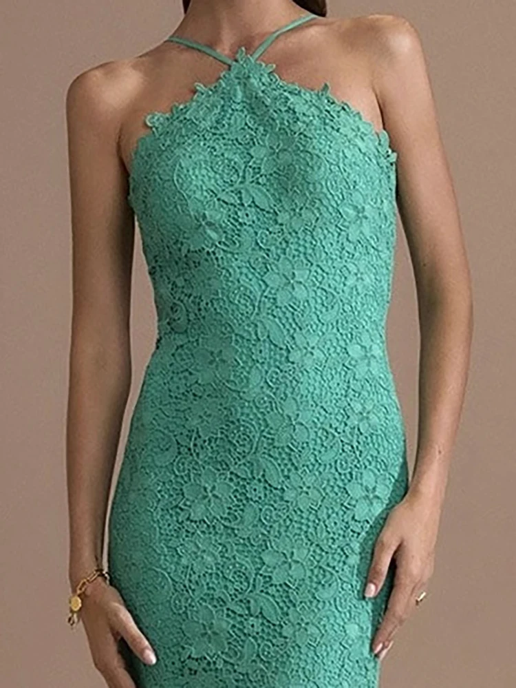 

Casual Backless Slim Solid Party Dresses Elegant Halter Sleeveless Suspender Dress Women Sexy Embroidery Hight Waist Long Dress