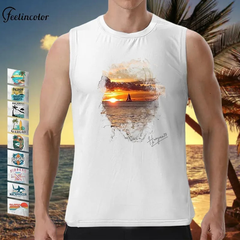 

Sunset Print Tank Tops for Men Sand Beach Graphic Sleeveless T-Shirts Casual Daily Oversized Vest Summer Harajuku Male Clothes
