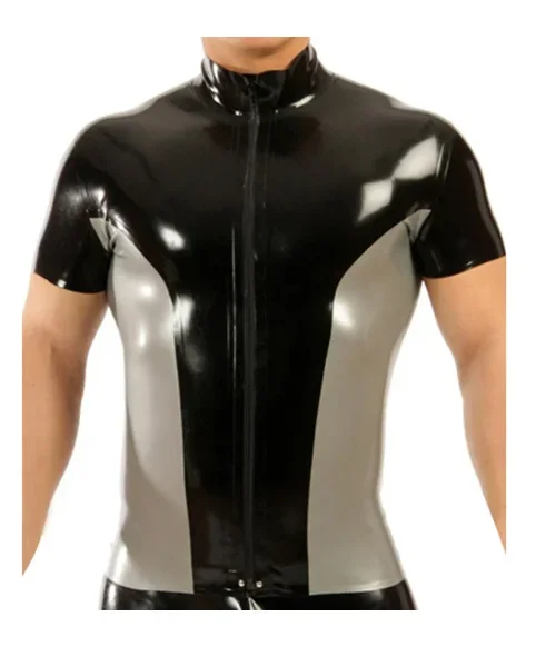 

Customized Silver Latex Shirt Rubber Short Sleeve High Collar Shirt With Black Side Trims Front Zipper Club wear Fetish