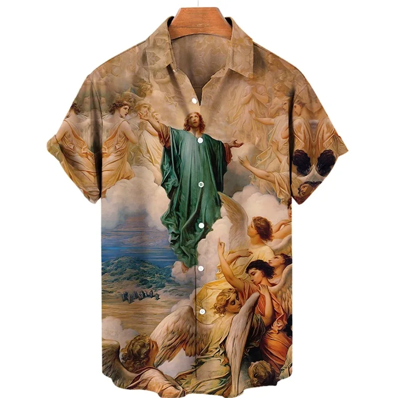 3D Print God Jesus Mary Hawaiian Shirts For Men Casual Short Sleeve Oversived Tee Shirt Top Clothes Button Up Blouses