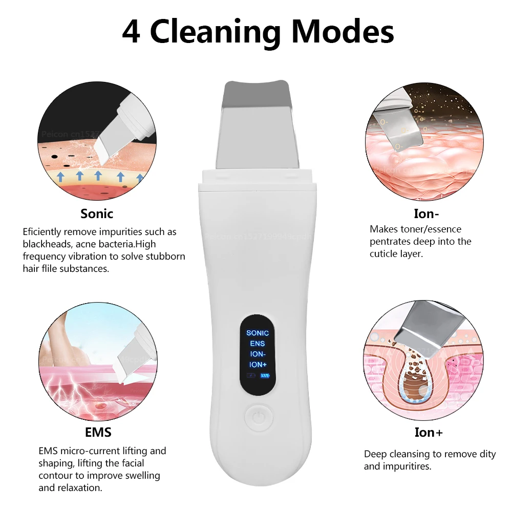 Ultrasonic Skin Scrubber Peeling Blackhead Remover Ion Acne Pore Cleaner Deep Face Cleaning Ultrasonic Facial Shovel Scrubber