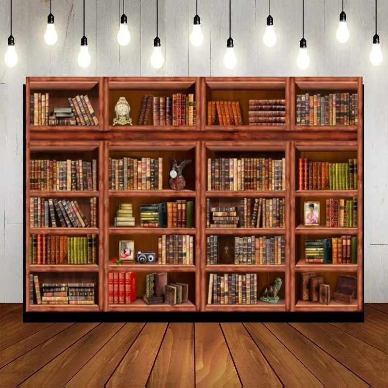 Library Bookcase Happy Birthday Party Photography Backdrop Background Banner Decor Wooden Bookshelf Retro College Ancient