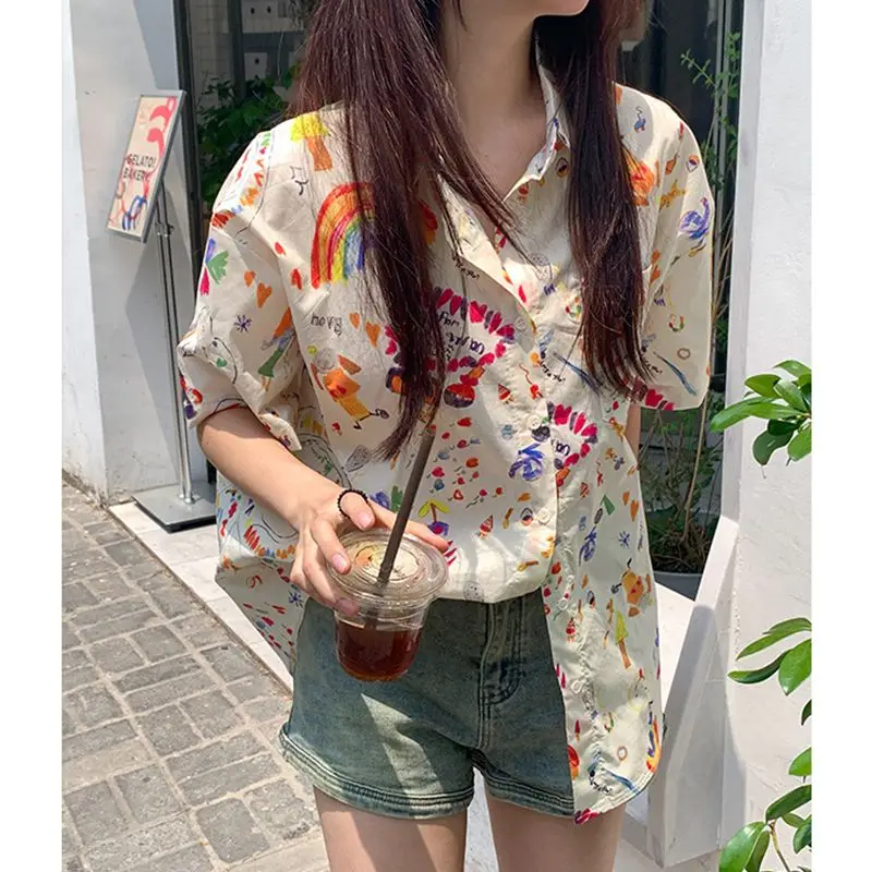 Funny Painting Cartoon Printed Short Sleeve Shirts Women Girls Kawaii Anime Blouse Loose Button Up Coat Summer Harajuku Clothing