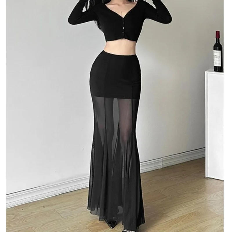 

Сексуальная полупрозрачная юбка-русалка с вставками, облегающая, в корейском стиле, длинная миди-юбка из полиэстера, повседневная, весенняя