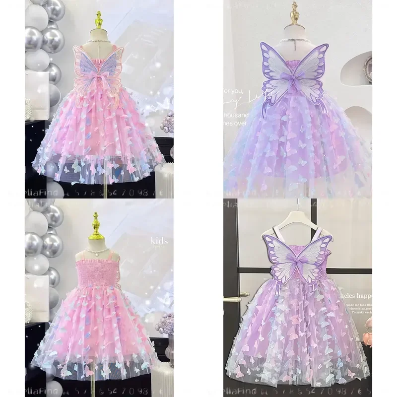 Girls Summer Camisole Dress with Large Decorative Butterflies Fashionable Princess Tulle Puff Gown for Kids Performance Party