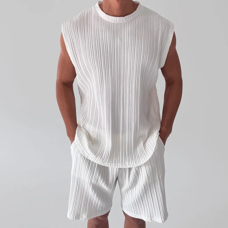 

New Spring Summer Round Neck Sleeveless Vest & Loose Casual Sports Shorts Set Men 2 Piece Solid Color