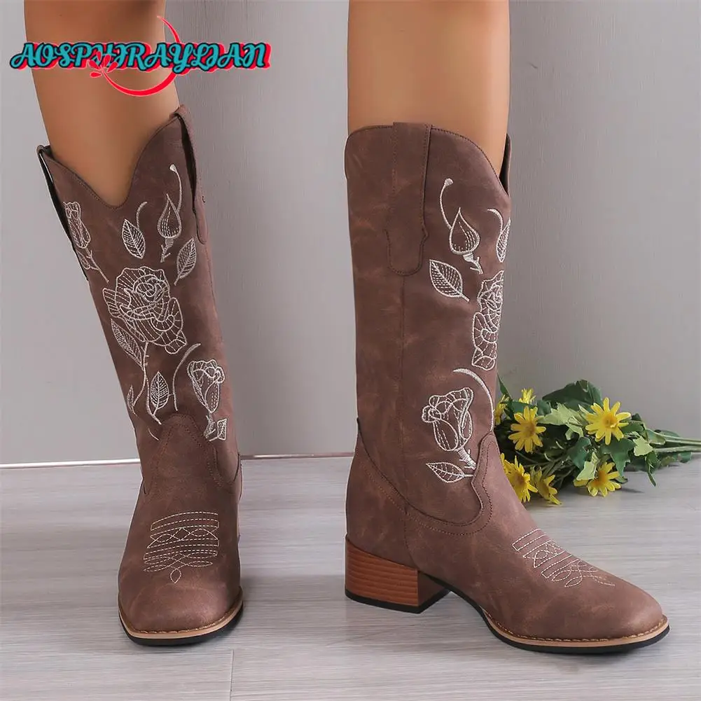 

New Vintage Ladies Round Toe Cowgirl Boots Fashion Embroider Flower Chunky Heel women's Cowboy Autumn Winter Woman Shoes