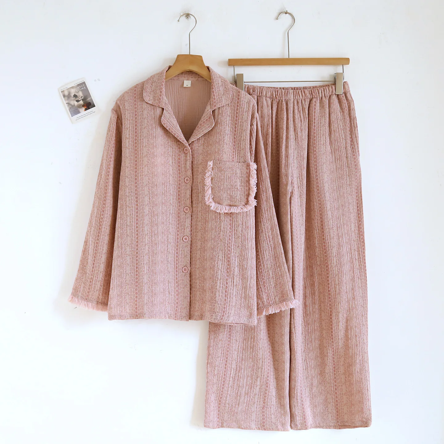 Women's Tassel Cuff Pajama Set Cotton Long Sleeve Lapel Shirt Pants Two Piece Loose Printed Home Clothes