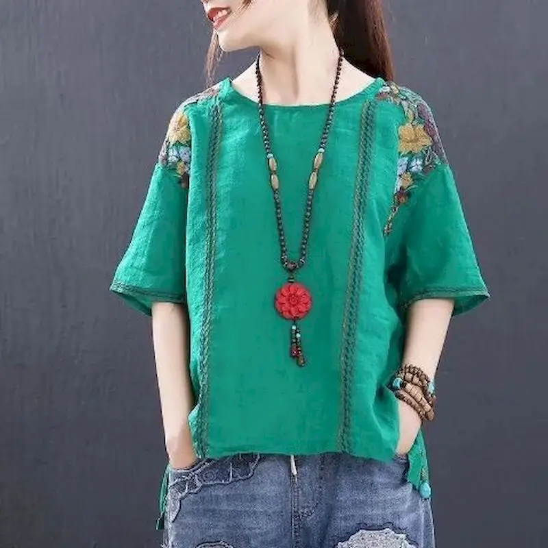 

98% Cotton T Shirt Women Vintage Art Embroidery Ethnic Style T-shirt Casual Loose Short Sleeve Oversized Top Summer Trend Tshirt