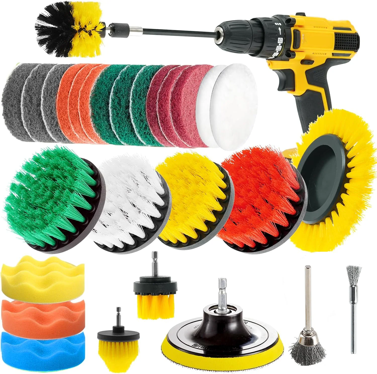 Drill Cleaning Brush Attachments Set 30 Pcs with Scrub Pads Sponge & Wire Brush for Cleanning Bathroom Surfaces Grout Marble