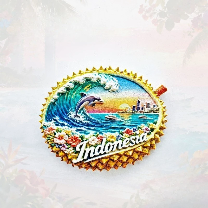 Indonesia Durian Dolphin Fridge Magnet - Exotic 3D Tropics Souvenir Unique Southeast Asian Gift for Travel & Ocean Decor