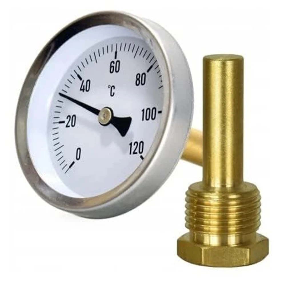 

Биметаллический термометр 100 мм, датчик температуры из нержавеющей стали 0-120 ° C с погружной втулкой для печи-гриля для системы отопления