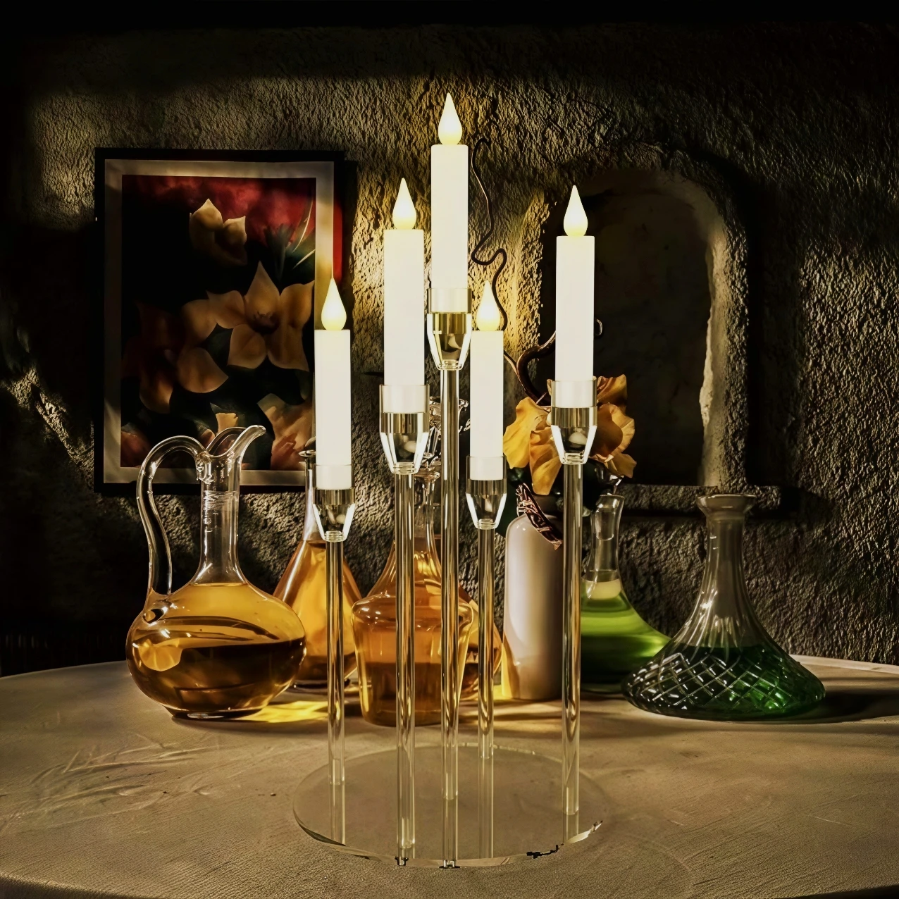 5-Arm Clear Acrylic Taper Candle Holder for LED Candles Only Modern Tall Candelabra for Wedding Table Centerpiece Decor