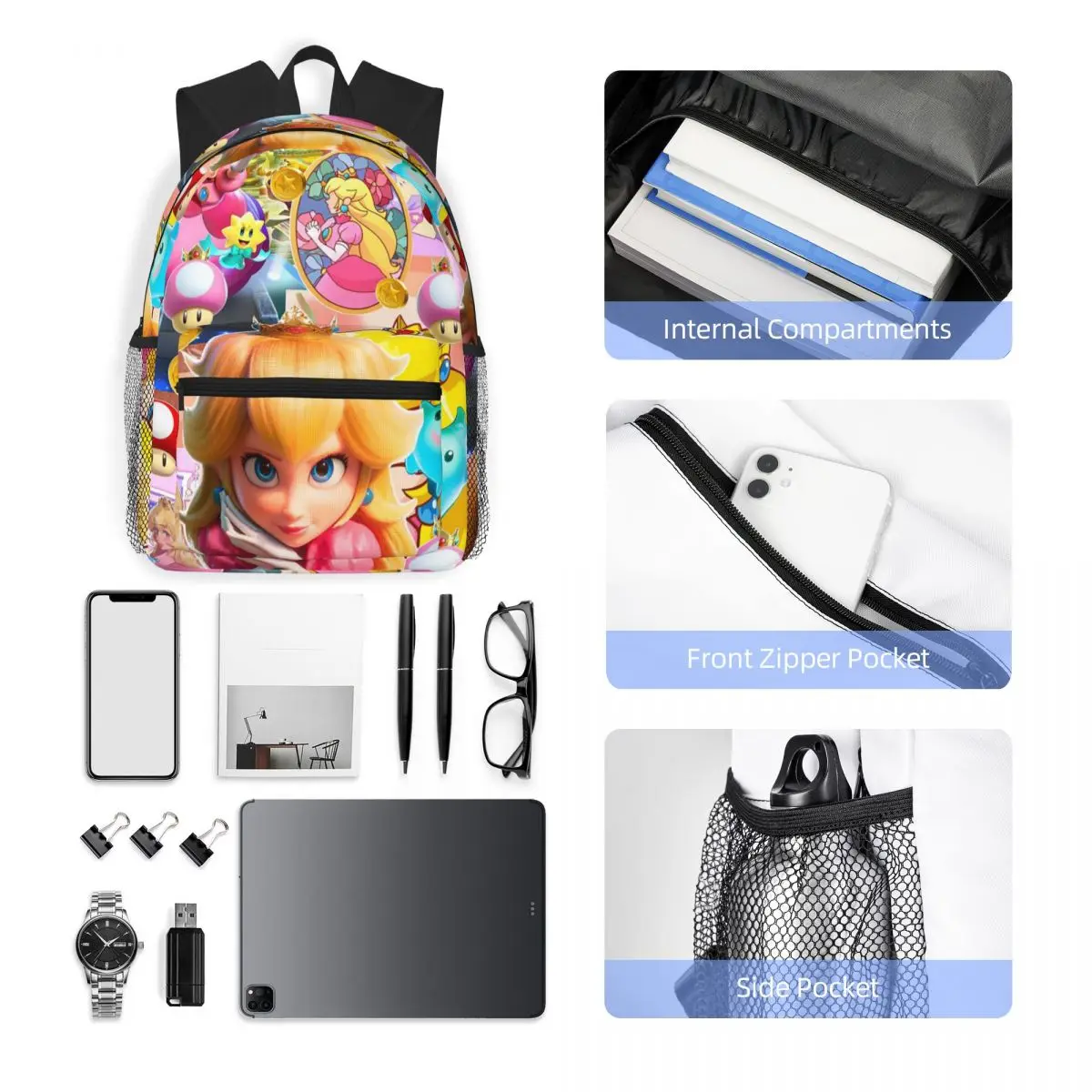 สาวพีชเจ้าหญิงพิมพ์กระเป๋าเป้สะพายหลังนักเรียนโรงเรียนกระเป๋าเดินป่า Daypack สําหรับผู้ชายผู้หญิงแฟชั่น Bookbag ไหล่กระเป๋า