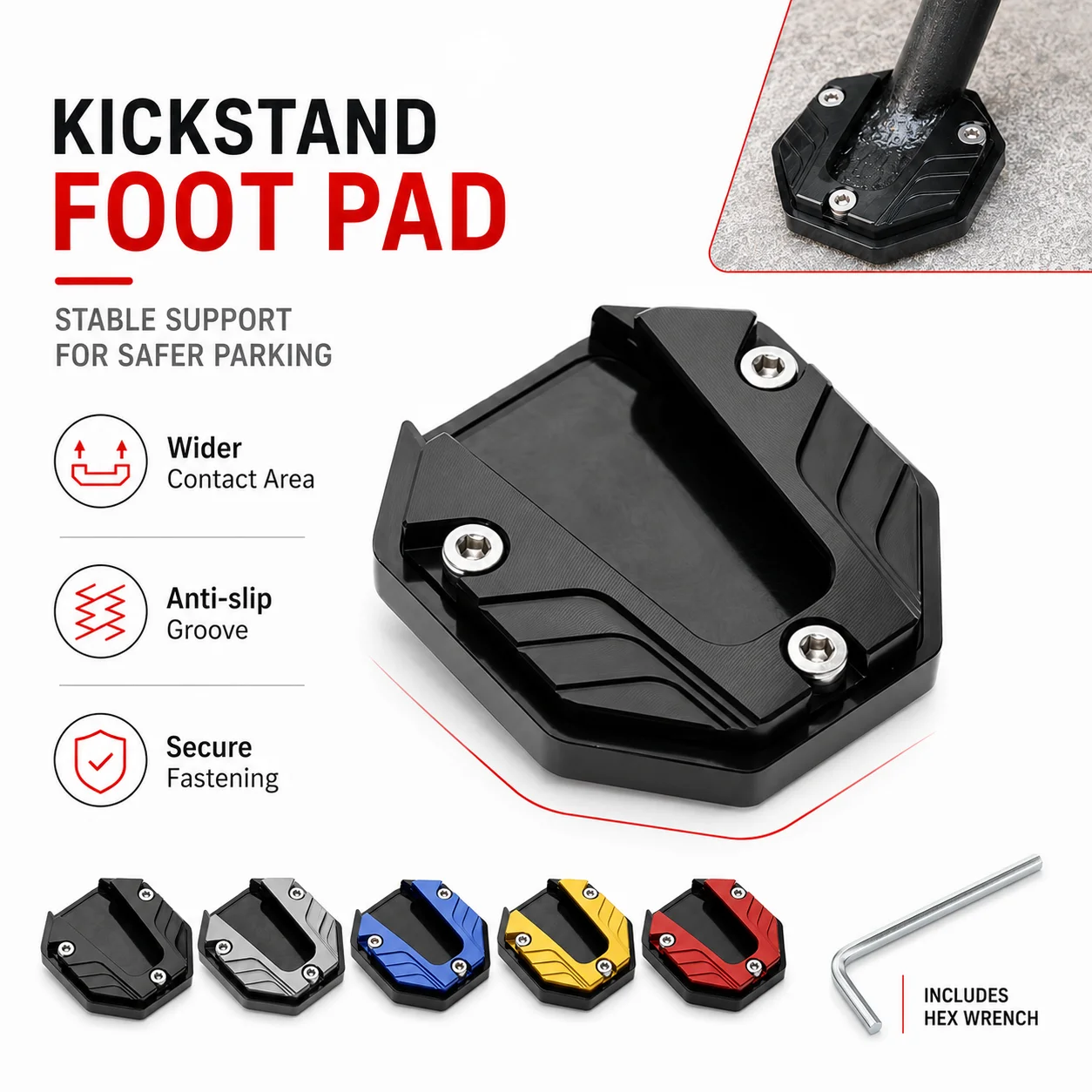 PINMOAP 1PC Motorcycle Kickstand Pad Side Stand Enlarger Anti Slip Foot Plate Heavy Duty Base Support For Electric Bike Scooter