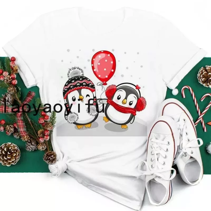 New Year Merry Christmas Women T Shirt Maycaur Christmas Gift Men Clothes Kawaii Sika Deer Graphic Shirt Scarf Penguin Tops