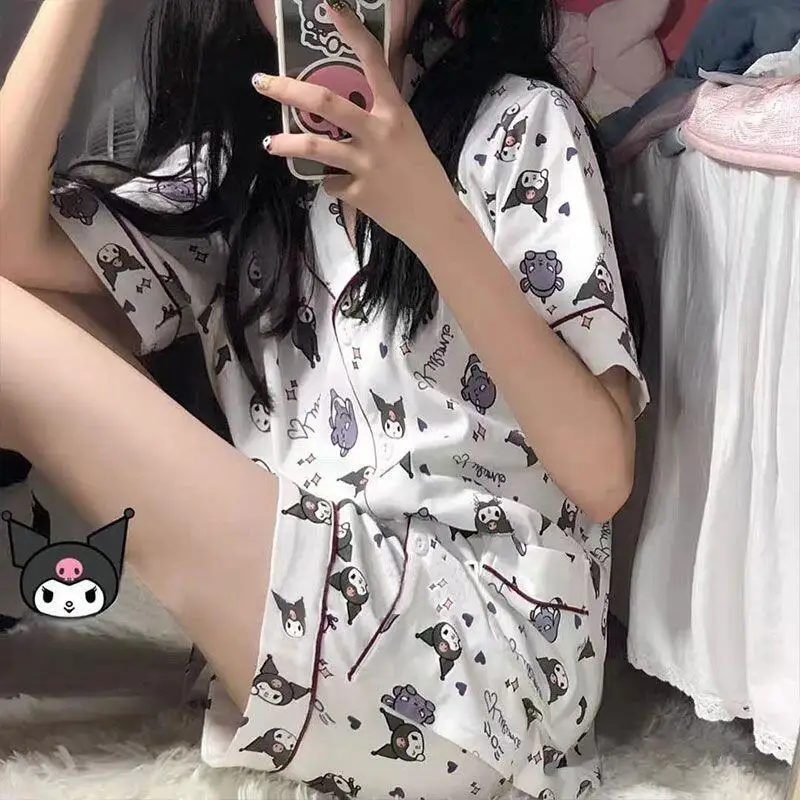 Pyjamas Kuromi Sommer Neu Imitierte Baumwolle Mädchen Sanrio Lässige Strickjacke Kurzarm Zweiteiliges Set Hauskleidung Niedlicher Cartoon