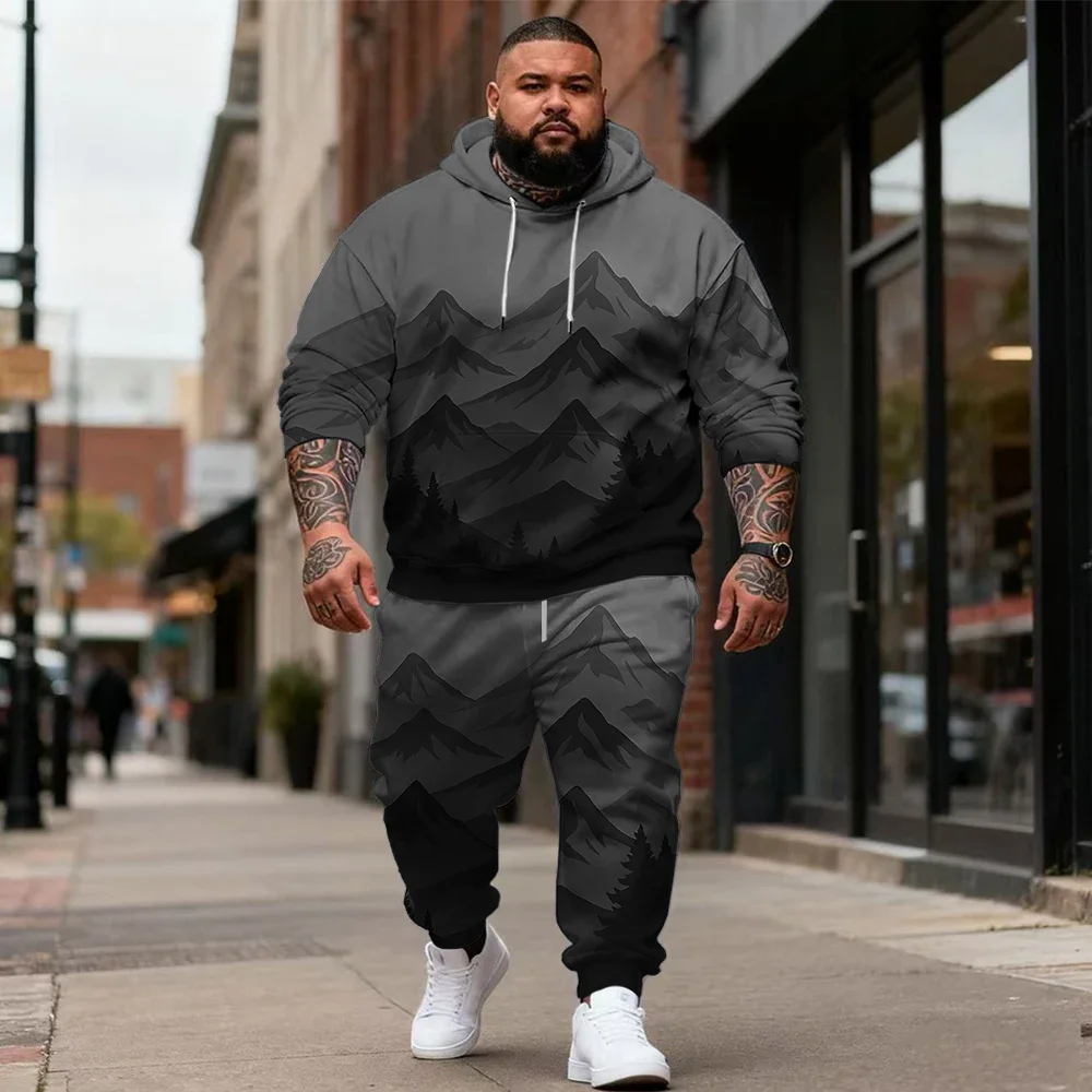 Men's Plus Size 2 Piece Outdoor Theme Graphic Hoodie and Jogger Pants Set, Camping or Mountain Designs for Casual Wear, S-9XL
