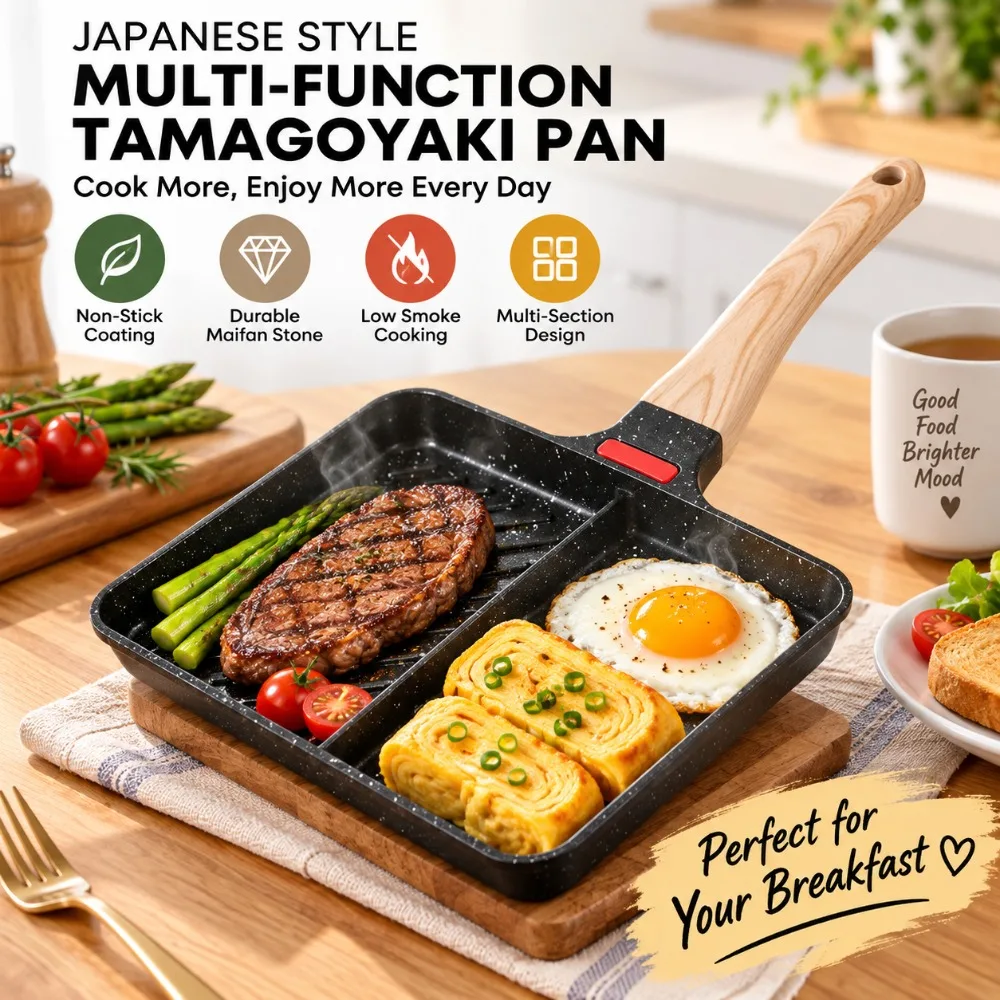 Nonstick Coating Divided Grill Pan Mafesanite Wooden Handle Mafesanite Griddle Stovetop Compatible Nonstick Breakfast Skillet