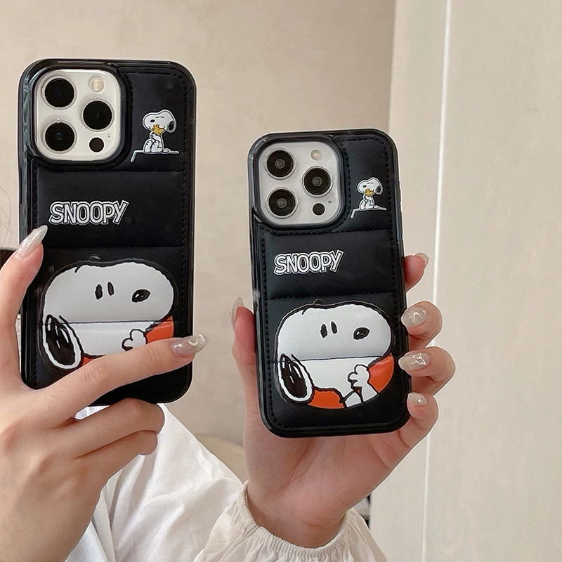 Fashion Snoopy Peanuts Down Jacket Puffer Case for iPhone 15 14 13 12 11 Pro Max X XS XR Plus Original Lovely Silicone Cover