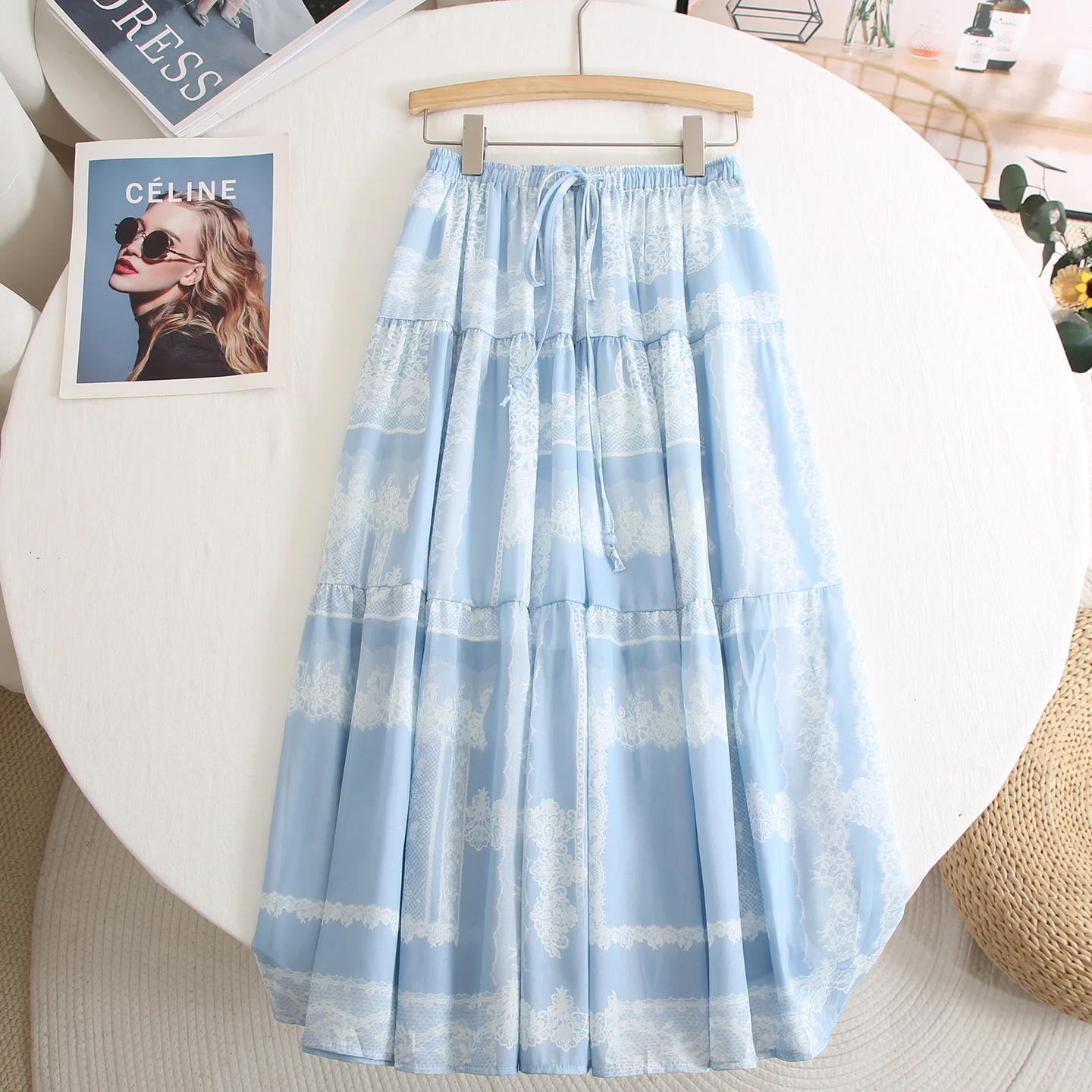 

French Elegance Printed Lace-up Blue Tiered Cake Skirts For Women Summer Sweet Elastic Waist Girlish Fairy Style A-line Dress