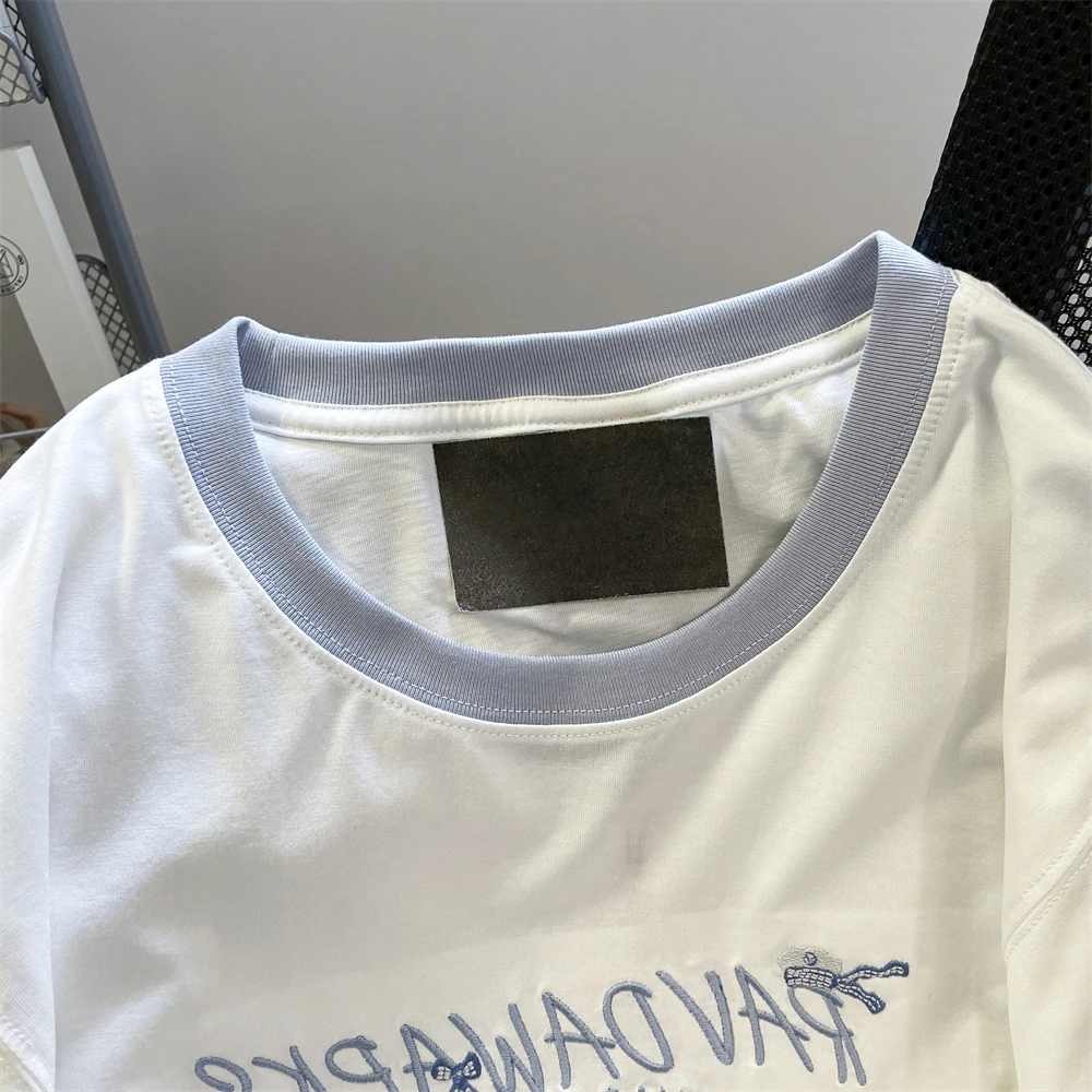 남녀공용 컬러 블록 자수 반팔 티셔츠, 매우 귀엽고 귀여운 만화, 니치 디자인, 여름