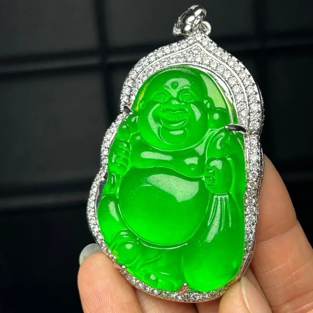 Certified Nature High Ice Green Jade Jadeite inlay Buddha Pendant & Necklaces Maitreya Buddha